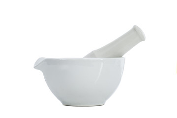 A white ceramic large mortar for medicine isolated white background at studio.