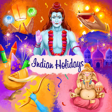 Indian holidays advertising poster with Krishna Janmashtami, Happy Diwali and Dussehra, dedicated to religion festivals and Independence day digital art colorful illustration with Gods and candles
