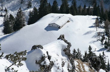 View from the Jenner on a snow covered hut, Berchtesgadener Land, Bavaria, Germany, Europe