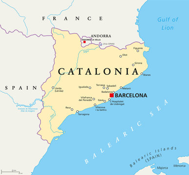 Independent Catalonia political map on the northeastern extremity of Iberian Peninsula. With capital Barcelona, borders and important cities. English labeling. Illustration. Vector.