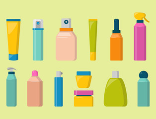Bottles of cosmetic cosmetology lotion makeup beauty plastic liquid cream container fluid pack vector illustration.