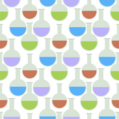 Chemical laboratory flask glassware tube scientific equipment chemistry seamless pattern vector illustration.