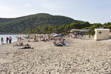 Les Salinas beach with restaurant Jockey Club, Ibiza, Balearen, Spanien