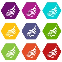 Wing icon set color hexahedron
