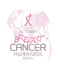 Breast cancer awareness month design of pink ribbon and body shape with world on white background