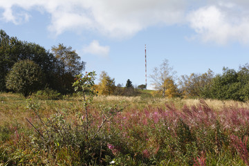 Transmitter mast on Heidelstein, Lange Rhoen, Franconia, Germany, Europe
