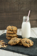 Cookies with milk in a vintage bottle - homemade with chocolate chips