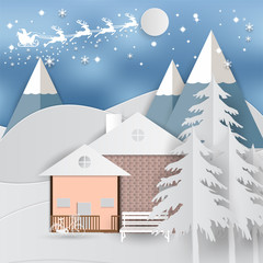 Winter holiday whit home and Santa Claus background. Christmas season. vector illustration paper art style