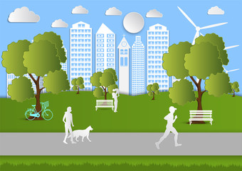 Paper art People walking in city parks, ecology idea. vector illustration background