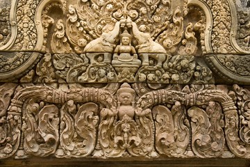 Ornamentation on the Bantea Srey Temple, Cambodia, Southeast Asia, Asia