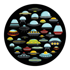 Ufo ship cartoon icons set vector illustration for design and web isolated on black circle background © Hito4i
