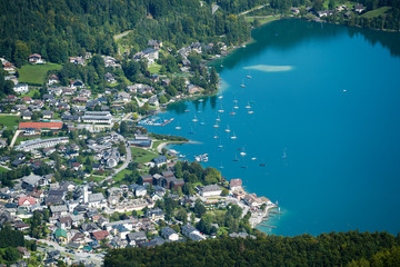 Fototapeta premium View from Zwölferhorn Mountain down to St Gilgen
