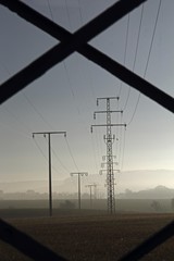 Electricity pylons, morning mood, Upper Swabia, Baden-Wuerttemberg, Germany, Europe