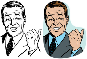 A smiling man winking and pointing over his shoulder