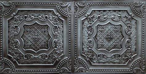 fabulous amazing, detailed closeup view of dark silver, metallic, interior ceiling decoration tiles
