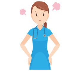 An illustration of a nurse wearing a blue scrub is angry