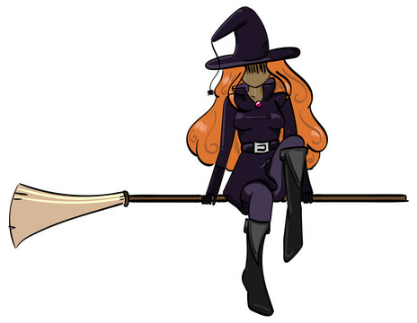Witch sitting on a floating broom.