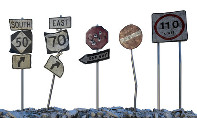Road signs isolated on white 3d illustration