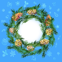 Spruce, coniferous, vegetative, festive wreath with autumn leaves and cones. Watercolor. Illustration