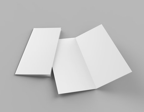Bi fold or  Vertical half fold brochure mock up isolated on soft gray background. 3D render illustration