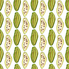 Seamless pattern with tropical exotic fruits.cocoa fruit slice on white background