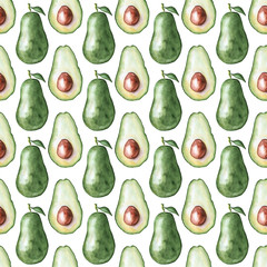Seamless pattern with tropical exotic fruits. avocado slice on white background