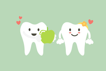 healthy tooth boy give fresh green apple to healthy tooth girl, dental care concept