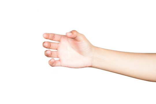 Human  hand holding something like a glass or bottle on white background