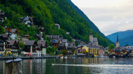 Evening view of Lake Hallstatt and the village in the Alps, Austria.