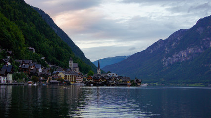 Fototapeta na wymiar Evening view of Lake Hallstatt and the village in the Alps, Austria.