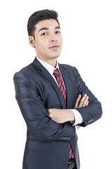 Asian Businessman standing on White Background with Success feeling, Business Success Concept, isolated on white background.