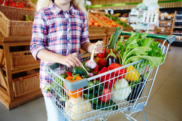 Little girl with cart full of vegetables shopping in supermarket