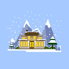 Illustration of winter resort. Beautiful house with mountains  