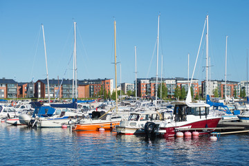 Parking of small boats close up on Saimaa lake. Lappeenranta, Finland