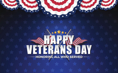 Happy Vererans Day Background Design with Cross Wavy Flag and Golden Stars. Honoring All Who Served. Vector illustration