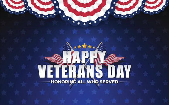 Happy Vererans Day Background Design with Cross Wavy Flag and Golden Stars. Honoring All Who Served. Vector illustration