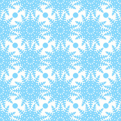 Symmetric seamless pattern of snowflakes and circles on a white background. Design in blue color. Vector illustration