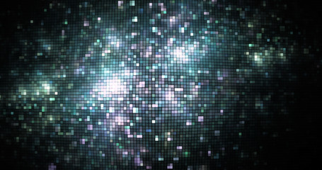 Abstract glittering geometric texture with blue and green sparkles on black background. Fantasy fractal design. Digital art. 3D rendering.