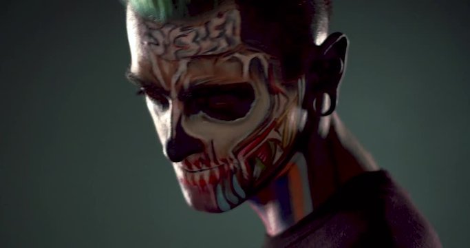 Man with colored skeleton face showing evil smile. Zombie man on black background.