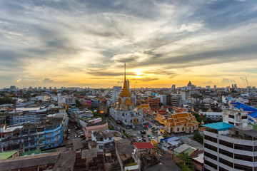 Top view cityscape Wat Trimitr in chinatown or yaowarat area in bangkok city, Bangkok, Thailand.