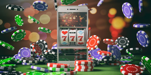 Slot machine on a smartphone screen, poker chips and abstract background. 3d illustration