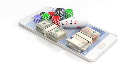 Poker chips, cards and money on a smartphone, white background. 3d illustration
