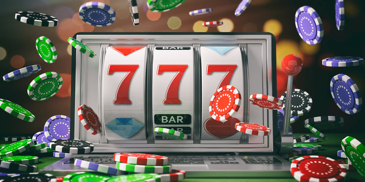 Slot machine on a laptop screen and falling poker chips. 3d illustration