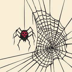 Spider with red scull on black body and web with inscription, woodcut style design, hand drawn doodle, sketch in pop art style, isolated color vector illustration