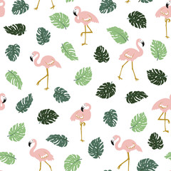 Tropical seamless pattern with pink flamingos and green palm leaves. Vector design for fabric, wrap paper or wallpaper. Exotic Hawaii art background. 
