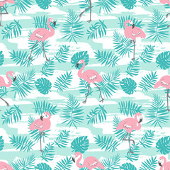Fototapeta premium Tropical seamless pattern with pink flamingos and green palm leaves. Vector design for fabric, wrap paper or wallpaper. Exotic Hawaii art background.