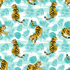 Tropical seamless pattern with tigers and palm leaves. Vector animalistic design for fabric, wrap paper or wallpaper. Exotic art background.