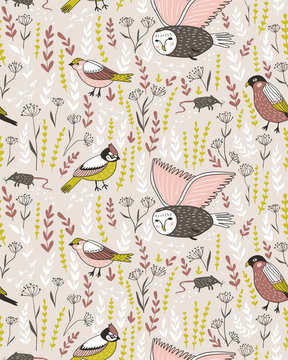 Vector seamless pattern with birs. Cute design for fabric, wrap paper or wallpaper.