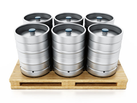 Stack of metal beer kegs standing on wooden pallette. 3D illustration