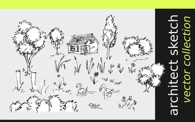 Fototapeten architectuur schets van bomen struiken bloemen gras huis © emieldelange